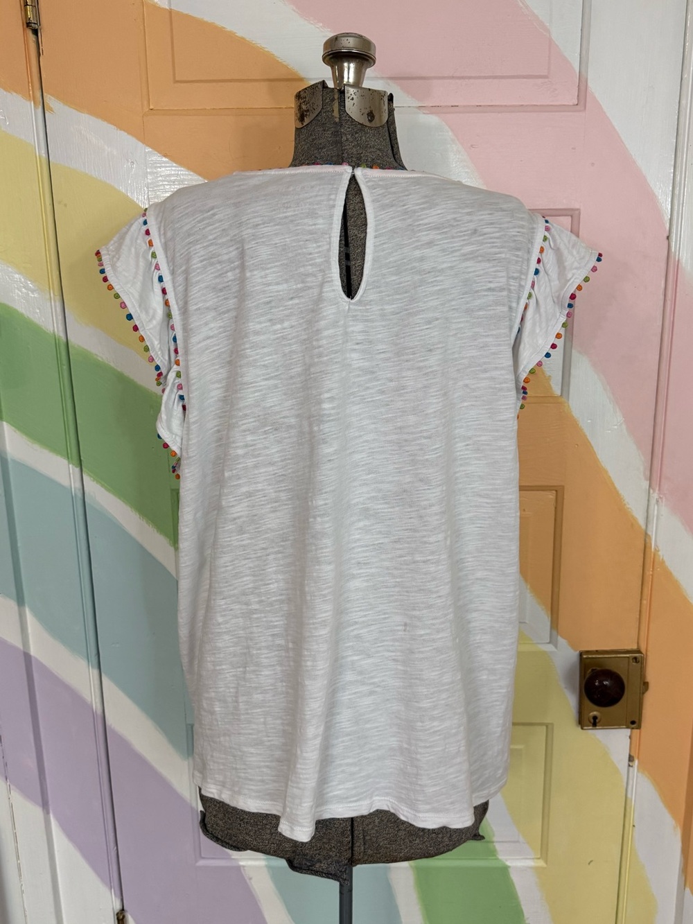 Boden Colorful Pom Trim Ruffle Sleeve 100% Cotton Top Sz 20 💚🍄 - Picture 6 of 9